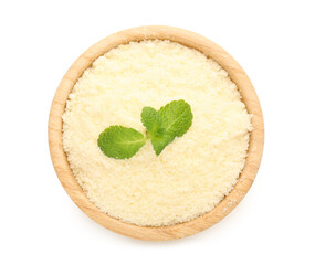 Bowl with tasty grated Parmesan cheese on white background