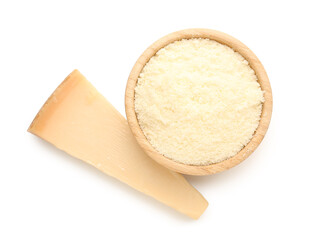 Bowl with tasty Parmesan cheese on white background