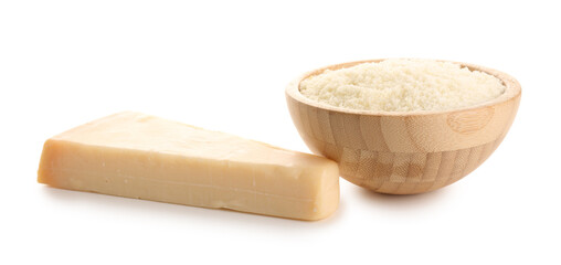 Bowl with tasty Parmesan cheese on white background