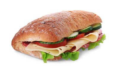 Delicious sandwich with fresh vegetables, cheese and salami isolated on white