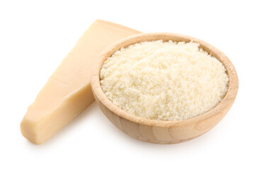 Bowl with tasty Parmesan cheese on white background