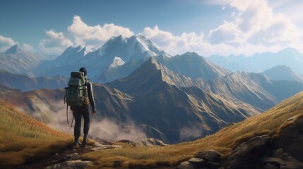 Fototapeta na wymiar tourist with backpack is seen trekking in mountain, digital art illustration, Generative AI