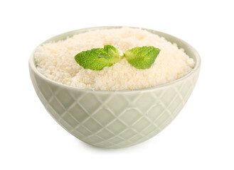 Bowl with tasty grated Parmesan cheese on white background, closeup