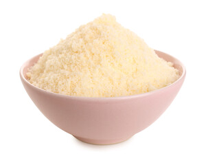 Bowl with tasty grated Parmesan cheese on white background, closeup