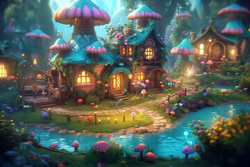 Candy-Coated Wonderland: A Fantasy Village with Colorful Buildings and Plants - Generative AI
