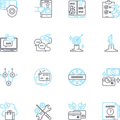 Workspace layout linear icons set. Collaborative, Ergonomic, Organized, Productive, Spacious, Creative, Efficient line vector and concept signs. Innovative,Functional,Open outline illustrations