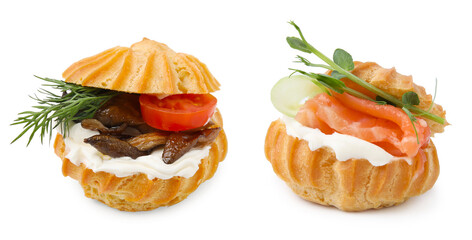 Two different tasty profiteroles on white background