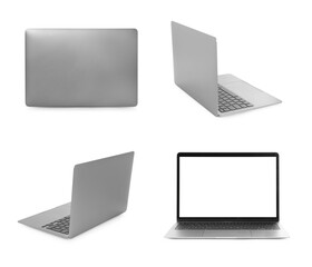 Fototapeta na wymiar Collage with modern laptop isolated on white, different sides