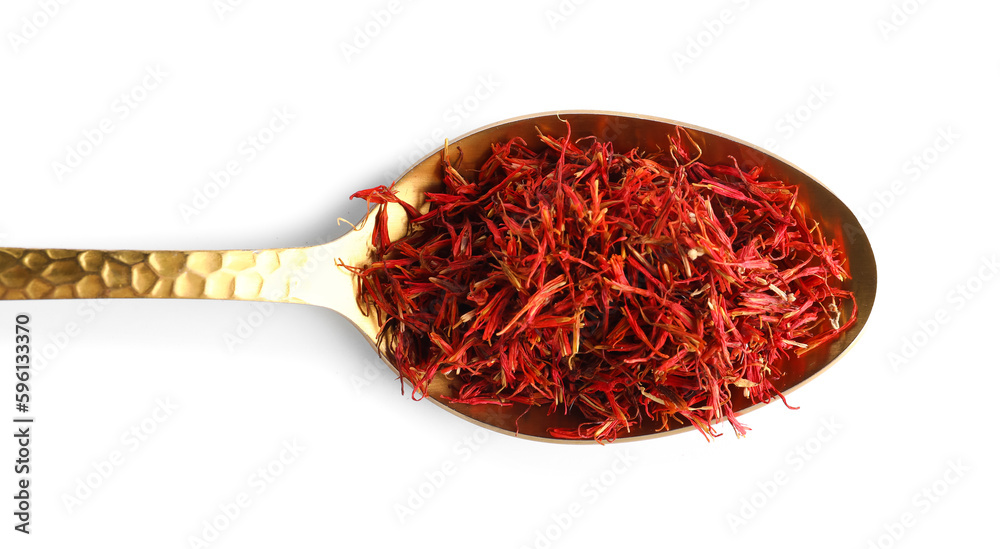 Wall mural spoon with pile of saffron on white background