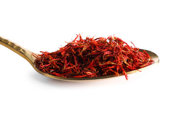 Fototapeta premium Spoon with pile of saffron on white background