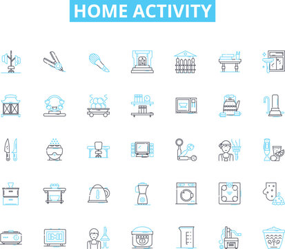 Home activity linear icons set. Gardening, Cooking, Reading, Yoga, Painting, Writing, Sewing line vector and concept signs. Knitting,Playing,Crafting outline illustrations