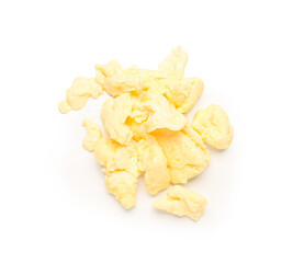 Tasty scrambled eggs on white background