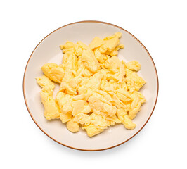 Plate of delicious scrambled eggs isolated on white background