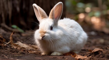 Naklejka na ściany i meble Fluffy white bunny with long ears. AI generated