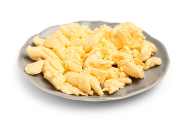 Plate of delicious scrambled eggs isolated on white background