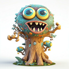 Cartoon 3D  Illustration of a Cartoon Monster Tree with Many Eyes Generative AI
