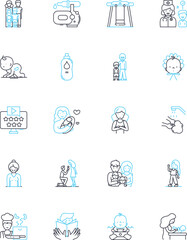 Infant linear icons set. Cooing, Diapers, Pacifier, Giggles, Milk, Swaddling, Binky line vector and concept signs. Sleep,Tiny,Bottle outline illustrations