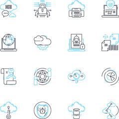 Web security linear icons set. Firewall, Encryption, Malware, Antivirus, Phishing, Vulnerability, Authentication line vector and concept signs. SSL,Cybercrime,DDoS outline illustrations