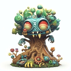 Cartoon 3D Illustration of a Cartoon Monster Tree with Many Eyes Created by Generative AI
