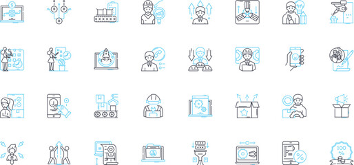 Obraz premium Brand management linear icons set. Strategy, Branding, Identity, Marketing, Reputation, Communication, Positioning line vector and concept signs. Equity,Loyalty,Awareness outline illustrations