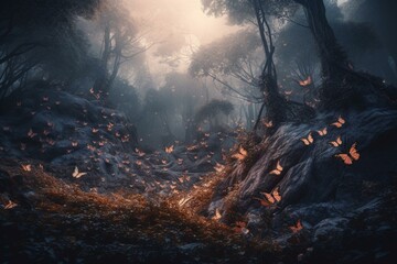 Generative AI creates mystical forest with fairy butterflies