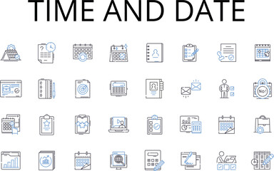 Time and date line icons collection. Duration, Length, Interval, Period, Age, Moment, Hour vector and linear illustration. Minute,Second,Calendar outline signs set