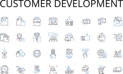 Customer Development line icons collection. Sales Growth, Team Building, Product Innovation, Branding Strategy, Marketing Research, Market Segmentation, Customer Retention vector and linear