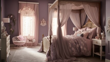 A princess themed room with regal canopy bed. AI generated