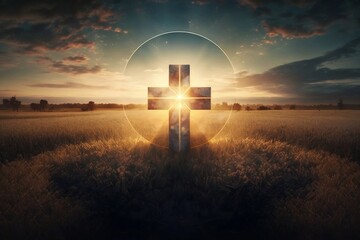 a cross in the middle of a field at sunset Generative AI