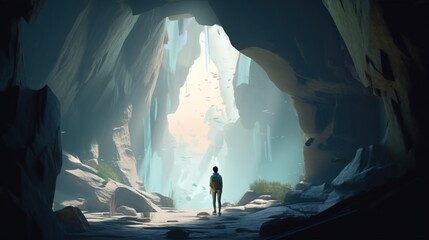 adventurer hiker stand in mountain cave, digital art illustration, Generative AI