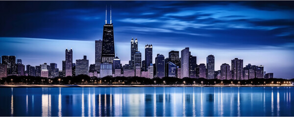 Chicago blues festival with city skyline reflected in the river as a backdrop, generative ai