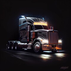 Black truck with illuminated head lights on a night background.  Generative AI.