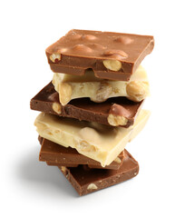 Different tasty chocolate with nuts on  white background