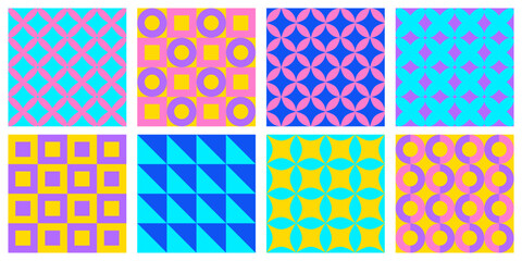 Set of seamless patterns with abstract geometric shapes. Colorful vector retro backgrounds and covers template.