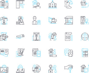 Housing for sale linear icons set. Mansion, Bungalow, Condo, Duplex, Cottage, Villa, Apartment line vector and concept signs. Townhouse,Loft,Farmhouse outline illustrations