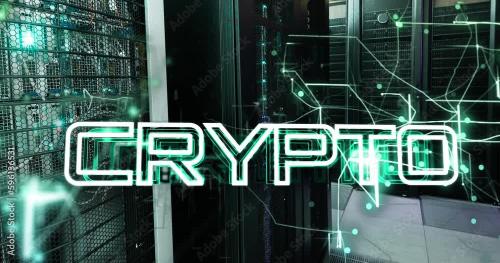 Poster animation of crypto text over illuminated abstract pattern against server racks in server room