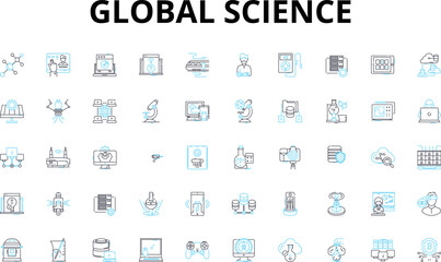 Global science linear icons set. Discovery, Innovation, Exploration, Advancement, Research, Technology, Breakthrough vector symbols and line concept signs. Invention,Experiment,Curiosity illustration