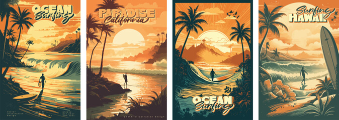 Sunset vintage retro style beach surf poster vector illustration - obrazy, fototapety, plakaty
