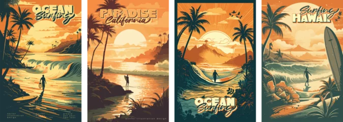 Fotobehang Retro compositie Sunset vintage retro style beach surf poster vector illustration