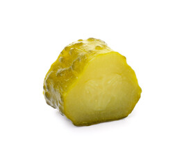 Tasty fermented cucumber piece on white background