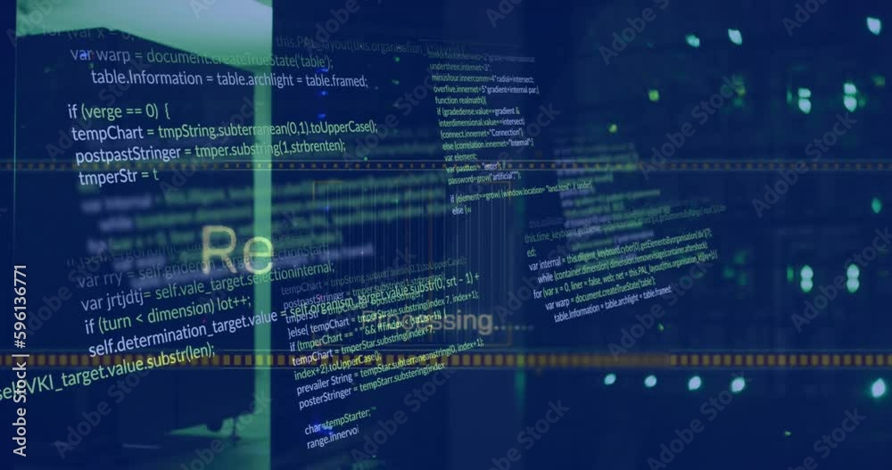 Poster animation of multiple texts and computer language over illuminated server racks in server room