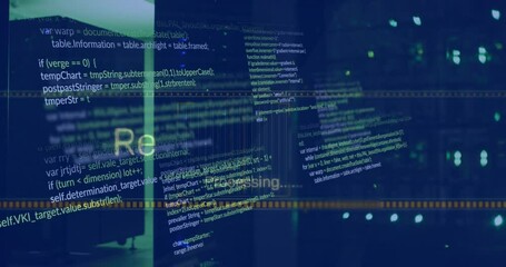 Animation of multiple texts and computer language over illuminated server racks in server room - Powered by Adobe