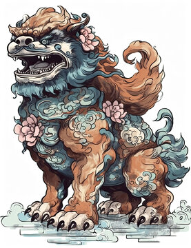 Chinese Dragon Statue, Foo Dog, Chinese Culture, Watercolor. generative AI