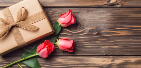 Mother's day poster or banner with bouquet of roses and gift box on wooden rustic background