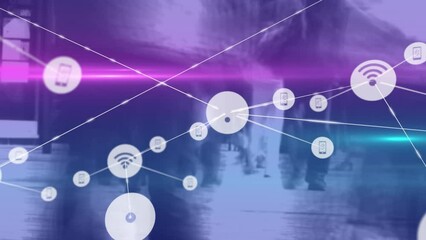 Animation of icons connected with lines over lens flares, time-lapse of people walking on street - Powered by Adobe