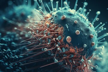 Close-up 3D rendering of virus under microscope. Illustrating infectious diseases caused by viruses such as Hepatitis, H1N1, HIV, Flu, AIDS. Concept of viral disease. Generative AI - obrazy, fototapety, plakaty
