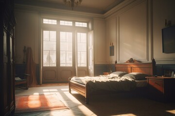A room with a big bed and two windows. Generative AI