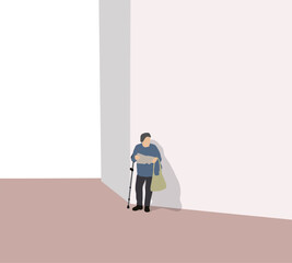 Old woman with walking cane standing and reading paper on city street. Aging society concept. Enjoy retirement lifestyle.