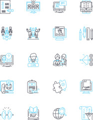 Internet Lecture linear icons set. Connectivity, Streaming, Webinars, E-learning, Nerk, Digital, Virtual line vector and concept signs. Online,Distance,Cyber outline illustrations