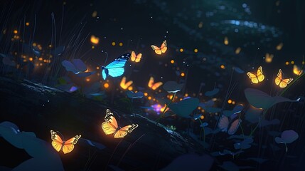 butterflies glow in the night, digital art illustration, Generative AI